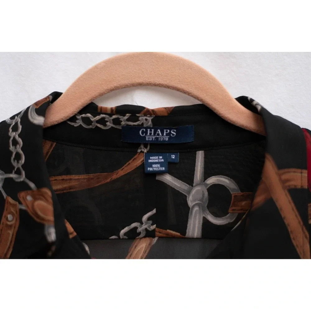 Chaps Blouse Women 12 Button Up Black Sheer Equestrian Horse Harness Preppy Chic - Picture 3 of 6